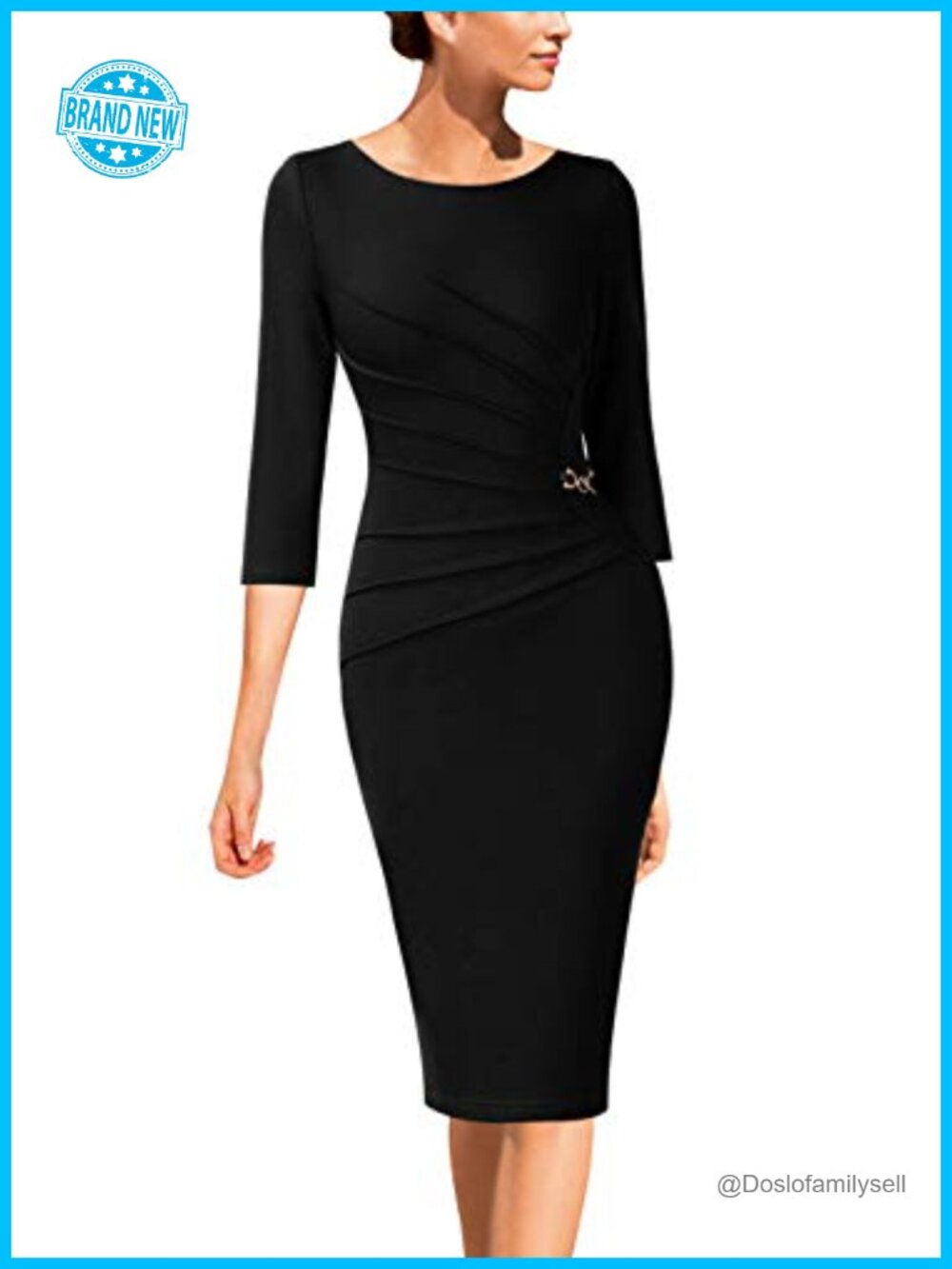 Womens Ruched Sheath Bodycon Dress 3/4 Sleeve Work Office Business Casual